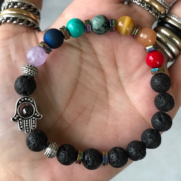 Silverskylight Jewelry - 7 chakra hamsa oil diffuser lava rock bracelet